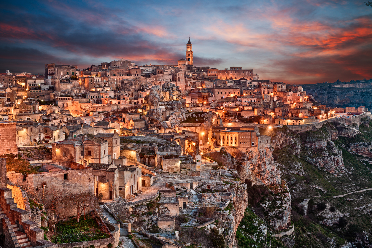 Matera, Basilicata, Italy: landscape of the old town Matera, Basilicata, Italy: landscape at dawn of the old town (sassi di Matera), European Capital of Culture 2019
