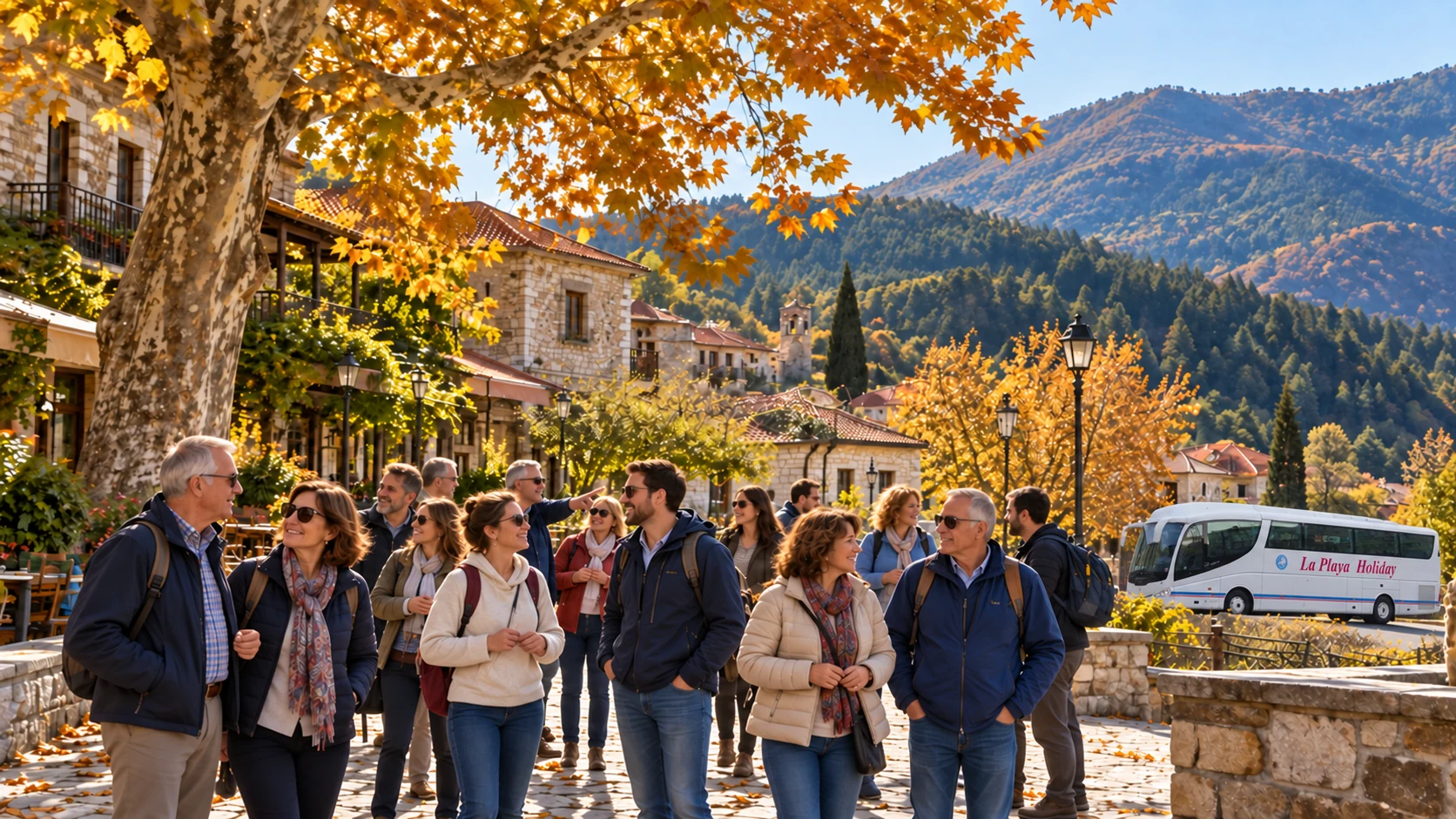 Ταξιδιώτες σε φθινοπωρινό ορεινό χωριό με πούλμαν LA PLAYA HOLIDAY στο βάθος